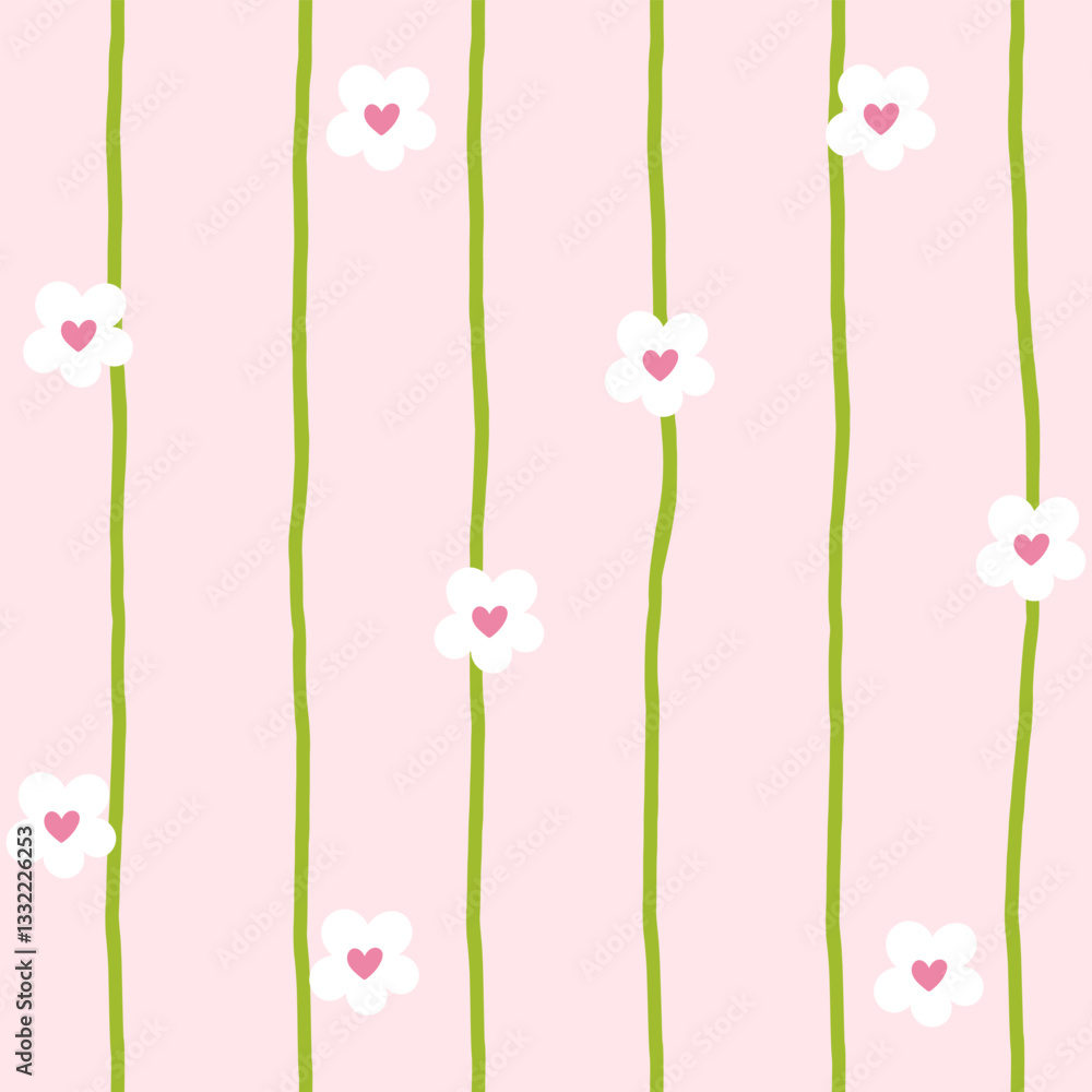 Obraz premium Minimal elegant floral seamless vector illustration with delicate daisies, subtle stripes, cozy woodland aesthetic, for wrapping paper, baby textiles, festive decorations