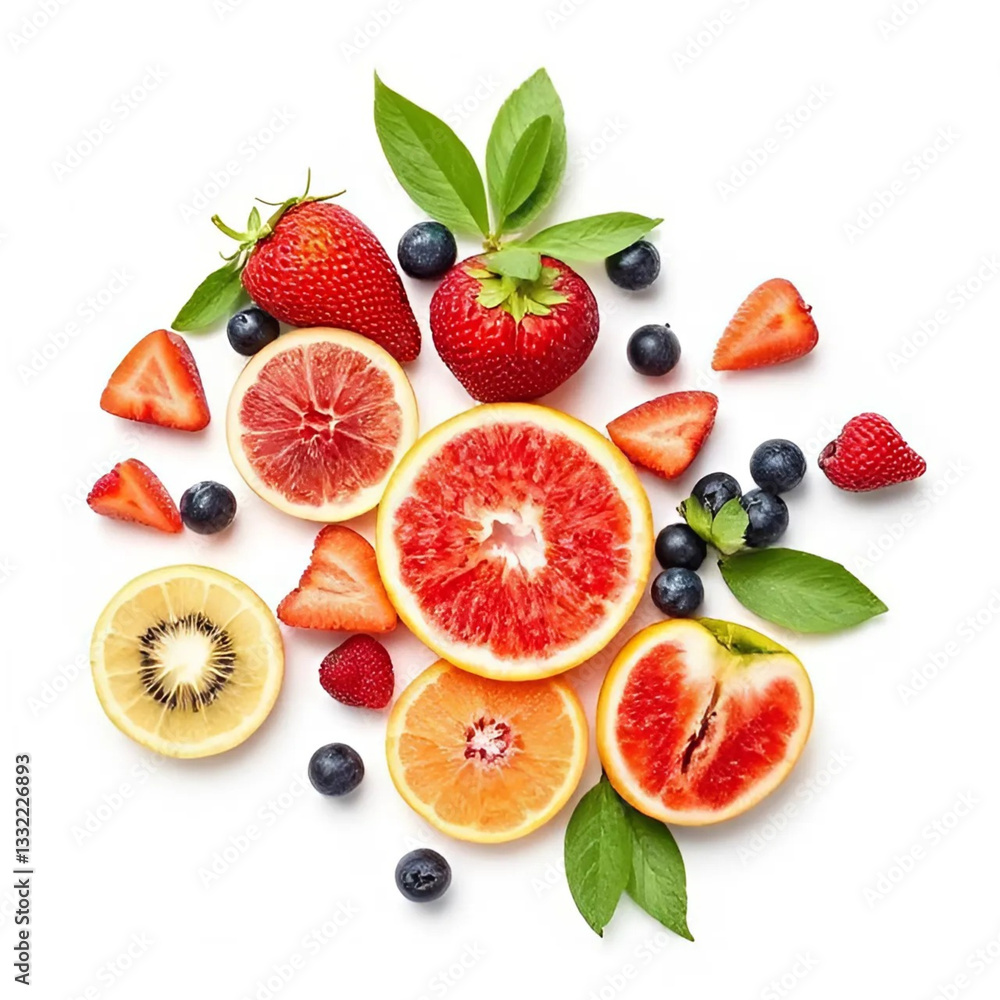 Fresh and vibrant fruit medley with an assortment of sliced citrus fruits strawberries blueberries and kiwis arranged on a white background for health and wellness themes Fresh and vibrant fruit medley with an assortment of sliced citrus fruits strawberries blueberries and kiwis arranged on a white background for health and wellness themes