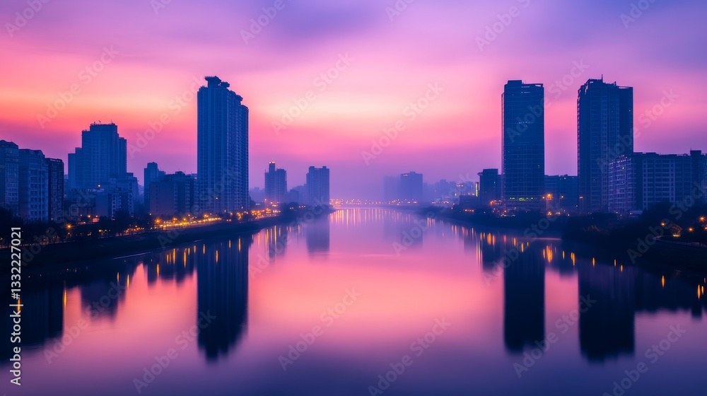 Naklejka premium Serene city skyline at dusk with vibrant colors reflecting on calm water, showcasing urban life