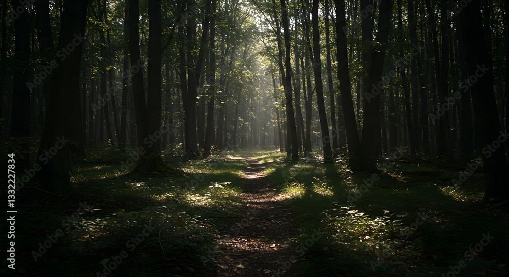 Fototapeta premium Enchanted Forest Path: Sunlight Through Trees in Woodland Scenery