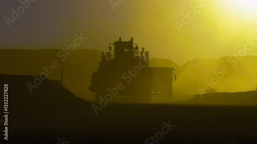 massive mining truck illuminated by sunset, at dusty site open pit diamond mine and construction , capturing the beauty of industrial environment