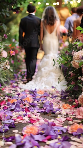 A bride and groom walk hand in hand through a romantic courtyard covered in purple petals, bathed in golden sunset light.