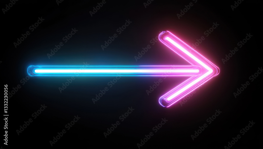 Glowing neon arrow light with blue and pink hues on dark background Glowing neon arrow light with blue and pink hues on dark background