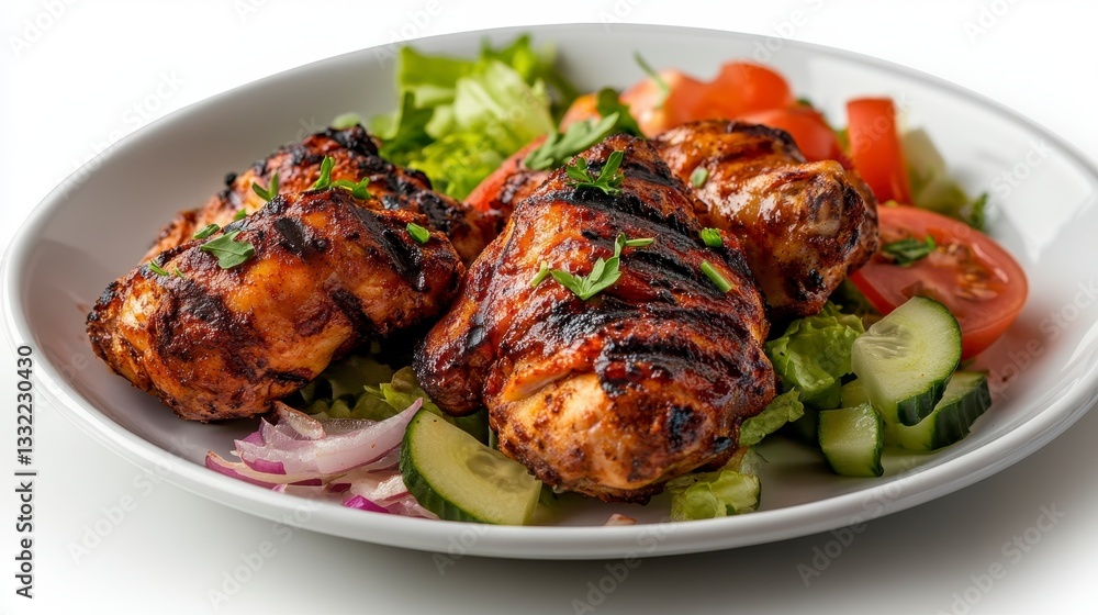 Grilled chicken and fresh salad on a white plate, vibrant colors, appetizing presentation, healthy meal option, culinary delight Grilled chicken and fresh salad on a white plate, vibrant colors, appetizing presentation, healthy meal option, culinary delight