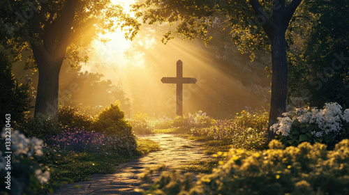 The Sacred Path: A cross stands at the end of a path, illuminated by a divine light piercing through the surrounding trees, representing faith, hope, and spiritual guidance. 