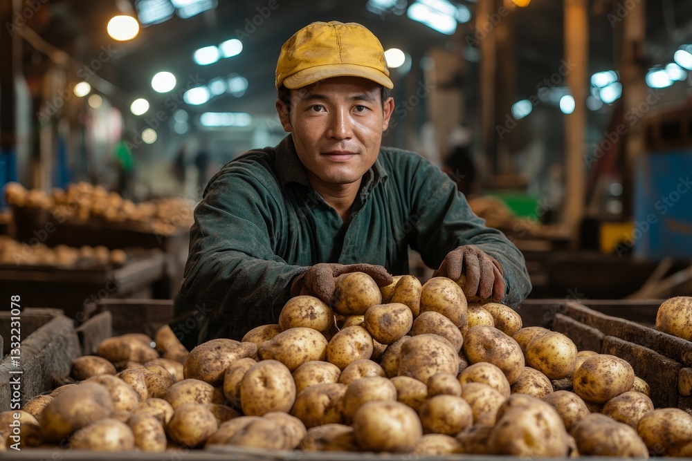 Fototapeta premium Farmer handling freshly harvested potatoes in a warehouse during daytime in a bustling agricultural center