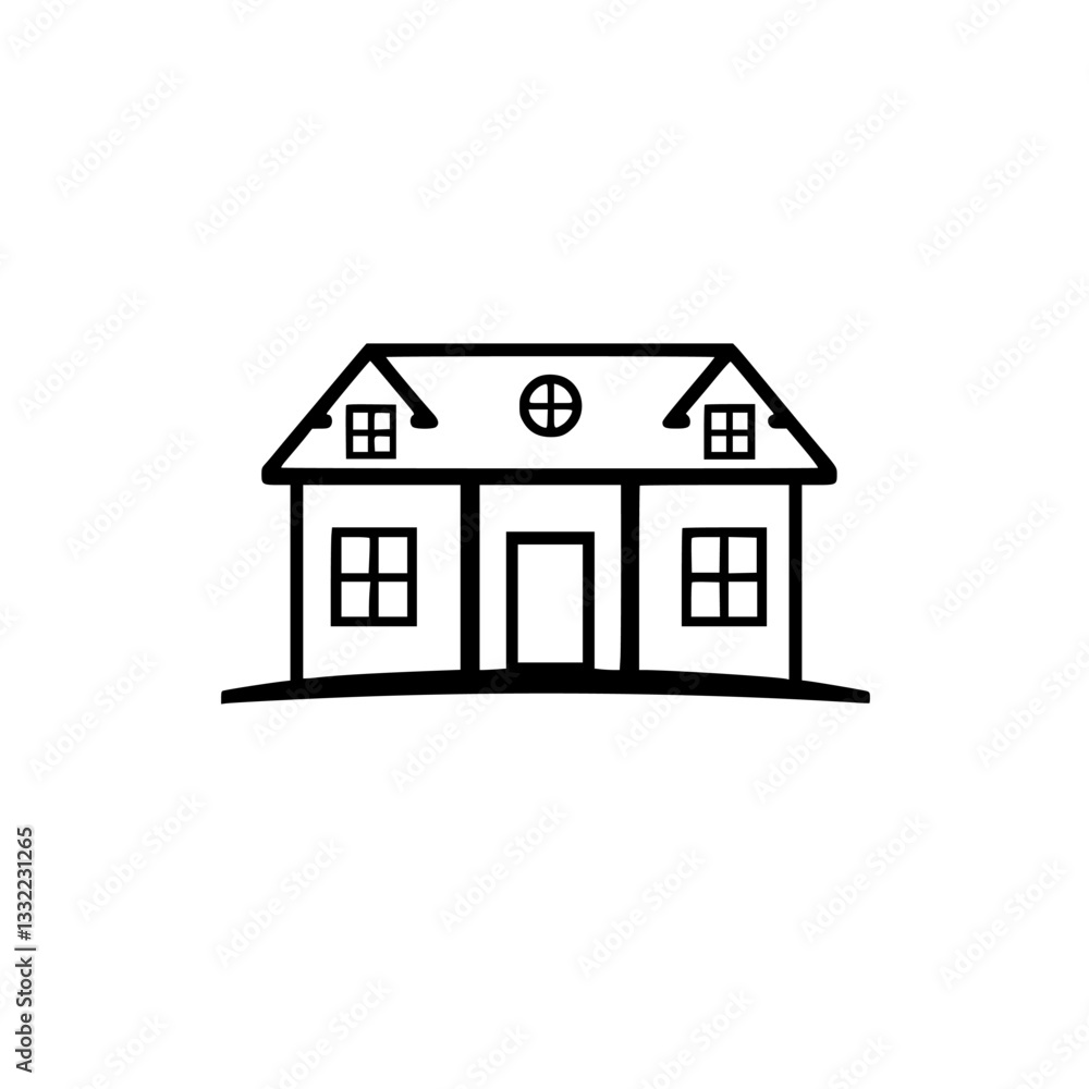 Simple black line drawing of a house with a centered front door, dormer windows, and a round window on the roof, set against a stark white backdrop. Simple black line drawing of a house with a centered front door, dormer windows, and a round window on the roof, set against a stark white backdrop.