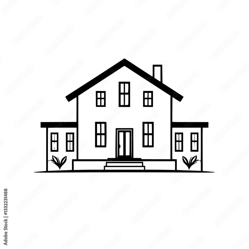 Minimalist Black and White Vector Illustration of a Two-Story House with Symmetrical Design, Door, Windows, and a Lawn. Minimalist Black and White Vector Illustration of a Two-Story House with Symmetrical Design, Door, Windows, and a Lawn.