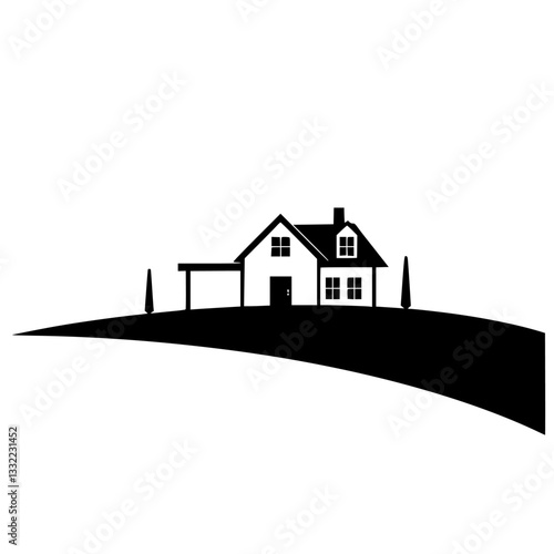 Minimalist Black and White Silhouette: A charming country house on a gentle hill with a carport, evoking a sense of tranquility.