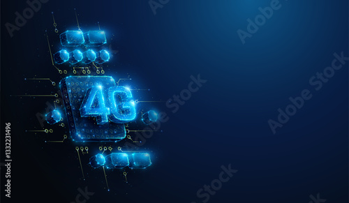 Low Poly 4G Wireless Mobile Network Hardware Chip. Abstract geometric illustration depicting 4th generation communication hardware technology concept by wireframe mesh on blue background