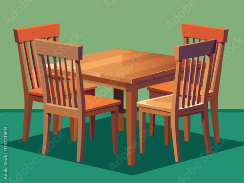 vector of classic wooden dining table with four matching chairs. The chairs have vertical slats on the backrest and a plain wooden seat.