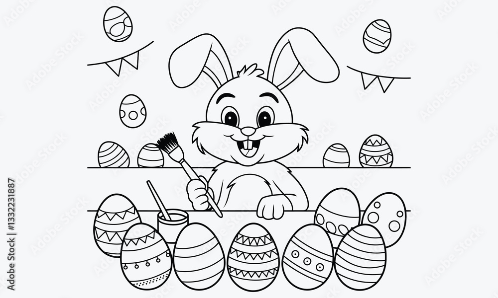Naklejka premium easter bunny with easter eggs, A black and white illustration of a concentrated rabbit wearing a small Basque hat and holding a brush while painting a large Easter egg on an easel