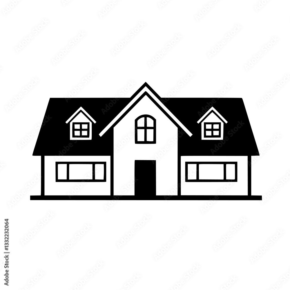 Minimalist Two-Story House Silhouette, Black and White Vector Illustration, Dormers, Windows, Door, Gable Roof, Isolated Design. Minimalist Two-Story House Silhouette, Black and White Vector Illustration, Dormers, Windows, Door, Gable Roof, Isolated Design.