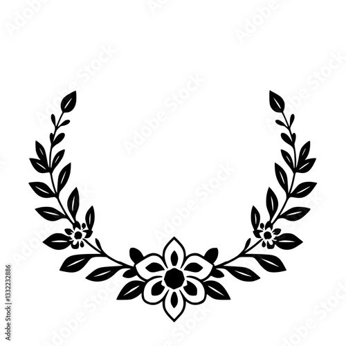 Elegant Monochrome Floral Wreath: A symmetric arrangement of stylized leaves, small and large flowers, and a delicate floral design.