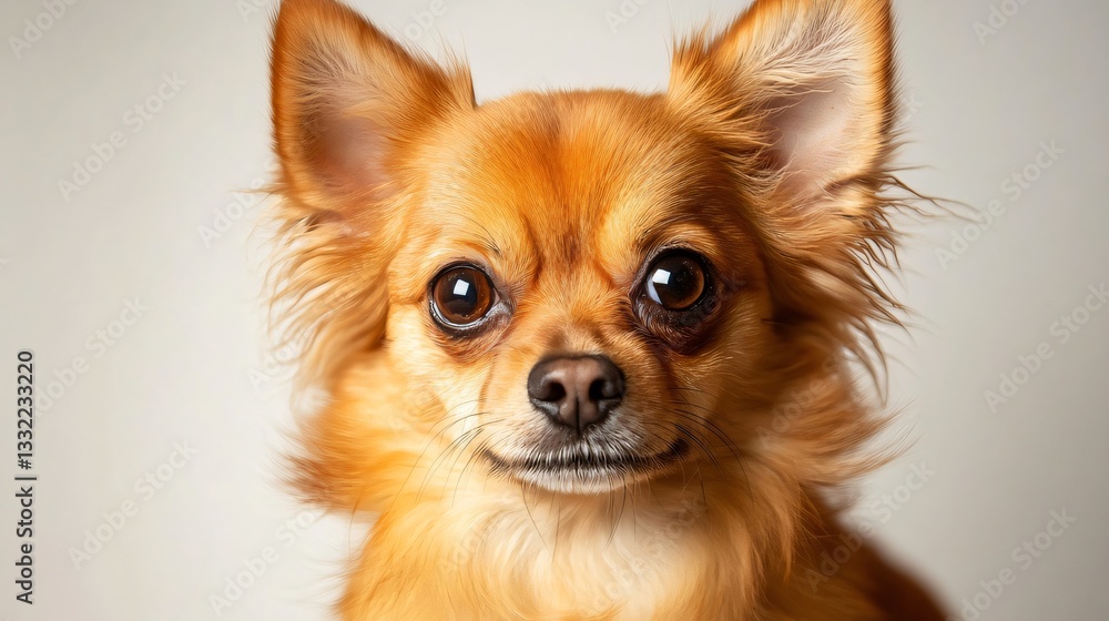 Beautiful Puppy Portrait Highlighting Fluffy Fur and Bright Eyes Against a Neutral White Setting Beautiful Puppy Portrait Highlighting Fluffy Fur and Bright Eyes Against a Neutral White Setting