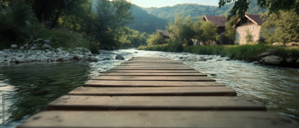 Obraz premium A tranquil wooden boardwalk meanders through a lush, green landscape, inviting wanderers on a journey of peace and exploration.