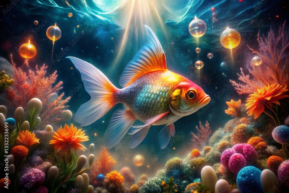 Surreal Underwater Dreamscape: Goldfish in a Cosmic Garden Surreal Underwater Dreamscape: Goldfish in a Cosmic Garden