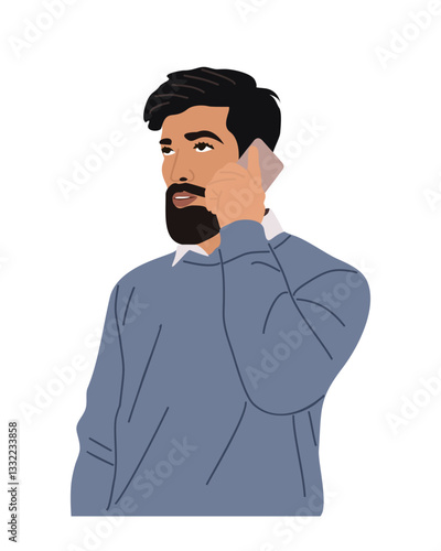 Handsome man talking by mobile phone. Bearded Male Character with smartphone in hand. Smiling guy use gadget for communication. Flat vector illustration isolated 
