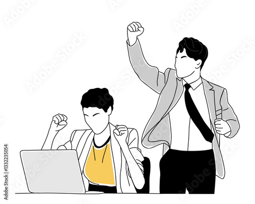 Excited business man and woman celebrating success, working together with laptop. Business team concept. Modern vector simple outline drawing for graphic, web design. Isolated