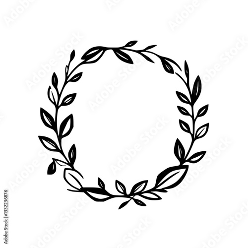 A minimalist black and white illustration of a circular floral wreath, composed of stylized leaves and branches, on a plain white background.