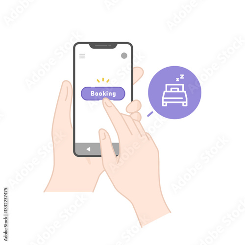 スマホでホテルや旅館のオンライン予約をするベクターイラスト(線画・フラット)