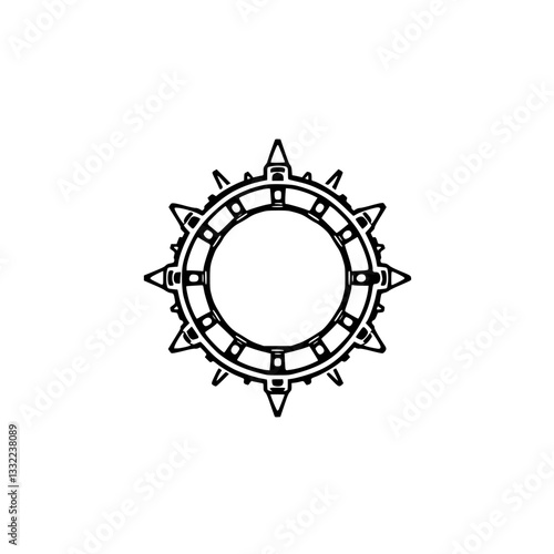 A symmetrical, black and white, intricate circular design with spiky protrusions emanating outwards, isolated on a clean white background.