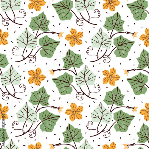 Wallpaper Mural Floral  seamless pattern on white background. Flowers, leaves, stems, seeds of cucumber, squash, zucchini, pumpkin. Hand-drawn vector botanical illustration Torontodigital.ca