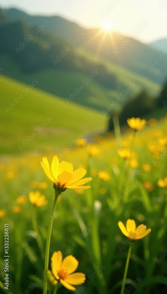Fototapeta premium Golden buttercup bathed in sunlight, green hills , plant, bright, meadow