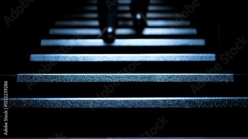 A foot wearing a formal shoe ascends a set of dimly lit stairs, highlighting the texture and contours of each step.