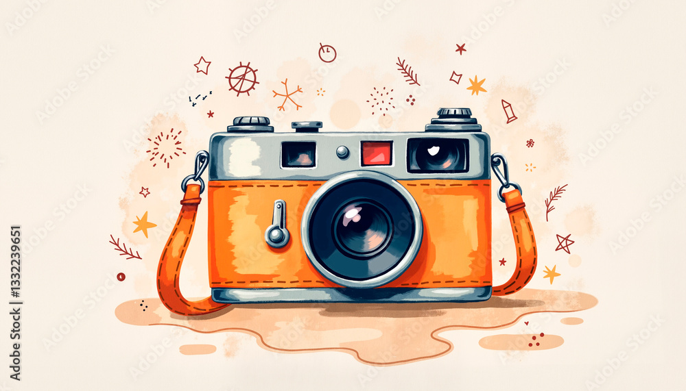 Obraz premium Vintage camera for travel illustration with leather strap, adventure theme