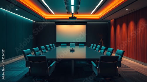 Modern Conference Room with Teal Chairs and Orange Lighting