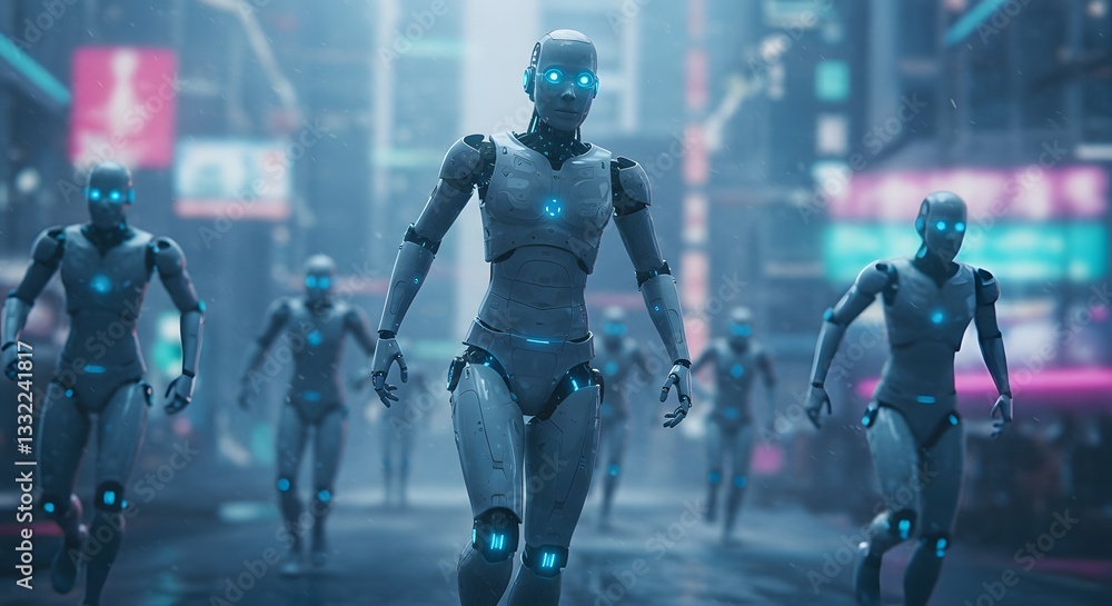 Futuristic Robot Army Walking in Cyberpunk City Street Futuristic Robot Army Walking in Cyberpunk City Street