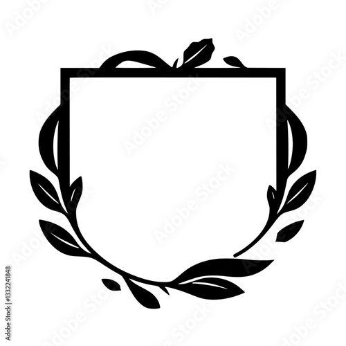 Geometric Floral Frame in Black and White: Square Enclosed by Laurel Wreath, Elegant Minimalist Design.
