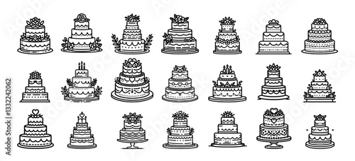 decorative wedding cakes in clean vector lines with vintage feel