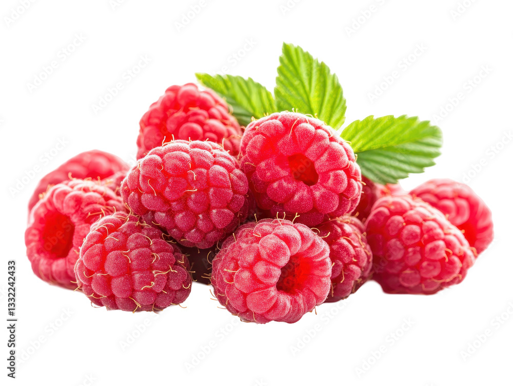 Isolated Pile of Fresh Raspberries with Leaves Isolated Pile of Fresh Raspberries with Leaves