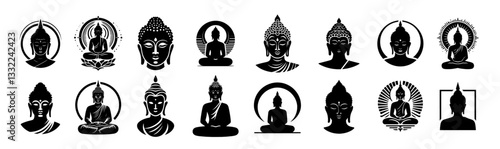 collection of buddha silhouettes and head illustrations in various meditation poses and styles