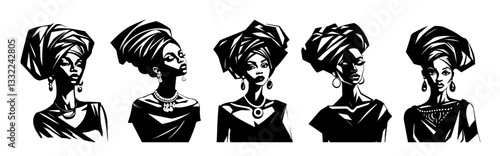 african women portraits in headwraps vector illustration set