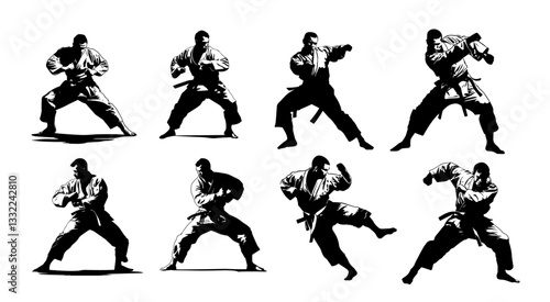 martial arts fighter silhouettes in dynamic poses vector set