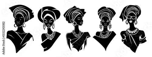 collection of elegant african women silhouettes with traditional headwraps and jewelry
