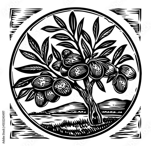 olive tree in landscape circular woodcut illustration