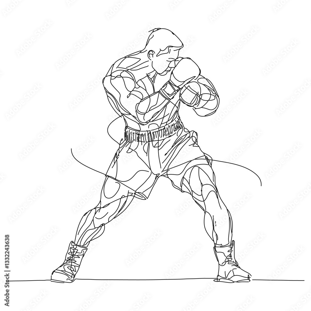 Fototapeta premium continuous line drawing of male boxer in fighting stance wearing gloves