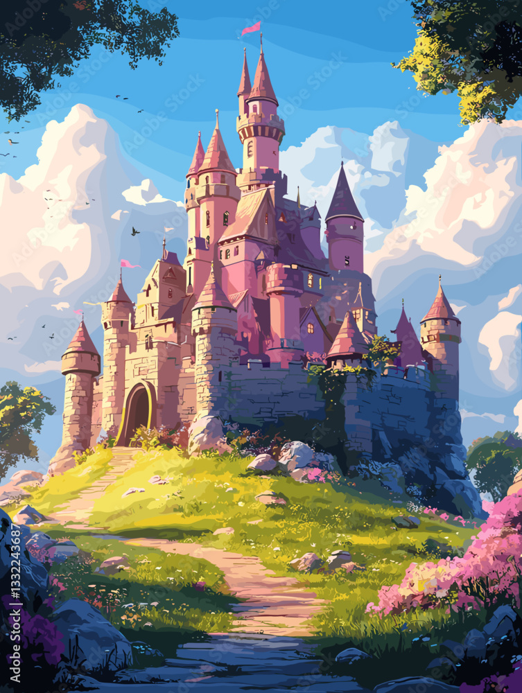 custom made wallpaper toronto digitalWhimsical illustration of a pink fairytale castle perched on a grassy hill, surrounded by vibrant flowers and framed by trees under a bright blue sky, evoking fantasy and adventure