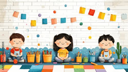Playful illustration of three children sitting on the floor, surrounded by colorful art supplies and decorations, smiling as they create, evoking themes of creativity, fun, and teamwork