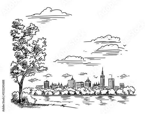 hand drawn cityscape with modern skyline and riverside view in sketch style