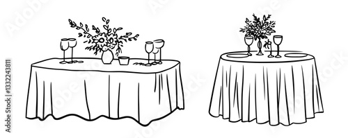 romantic wedding tables with wine glasses and flowers sketch