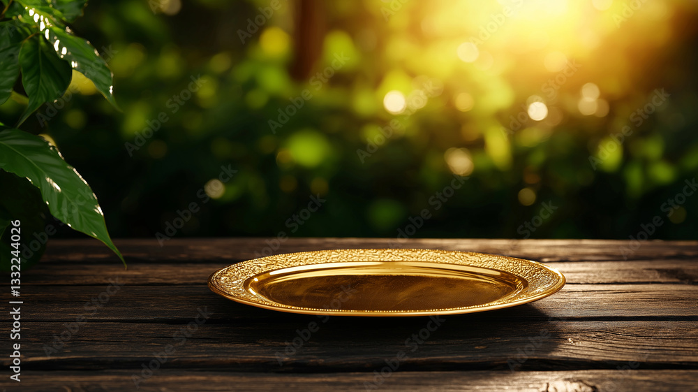 Obraz premium golden plate rests on wooden table, illuminated by warm sunlight, surrounded by lush greenery. scene evokes sense of tranquility and elegance