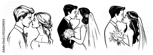 romantic wedding couple illustrations in different poses and bridal outfits in black line style