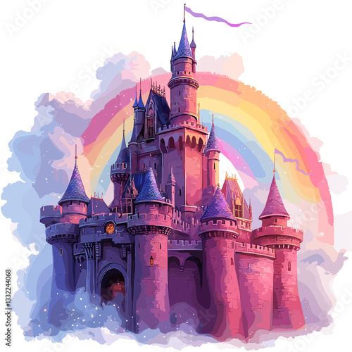Whimsical illustration of a magical pink castle surrounded by fluffy clouds with a vibrant rainbow arching overhead, evoking themes of fantasy, fairy tales, and enchanting adventures