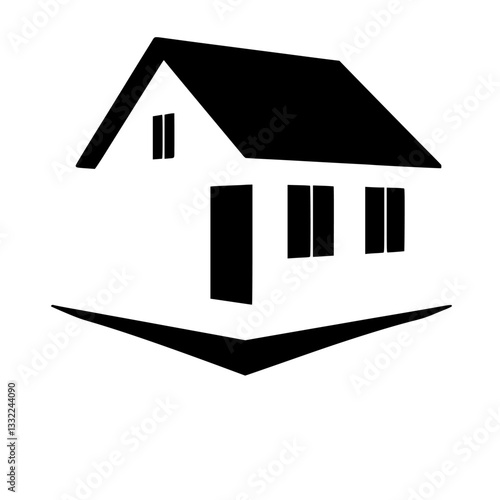 Minimalist, bold black-and-white illustration of a house with a stylized foundation or stylized checkmark on a clean white background.