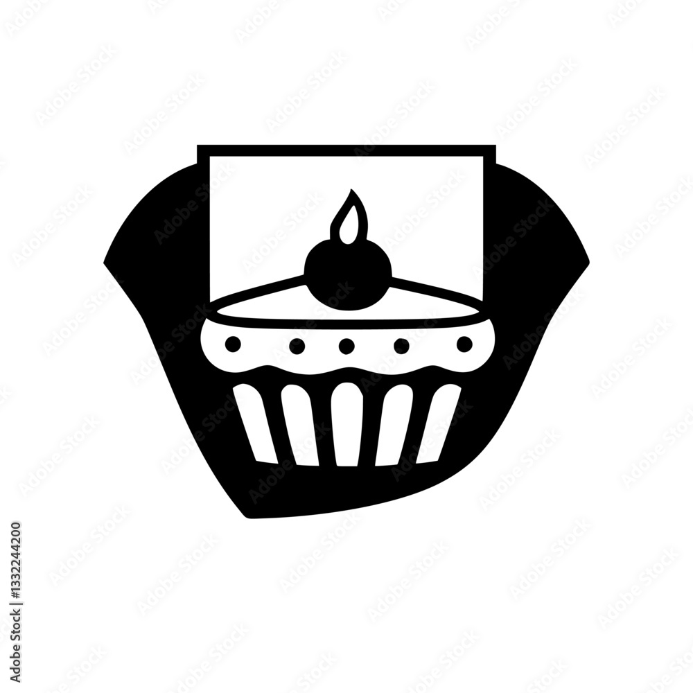 Black and white minimalist cupcake graphic with cherry, framed in a shield-like shape, modern and elegant. Black and white minimalist cupcake graphic with cherry, framed in a shield-like shape, modern and elegant.